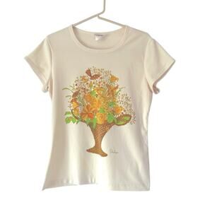 Vintage 70s Miss Shaheen California Hawaii Polyester Cream Floral T-shirt Medium